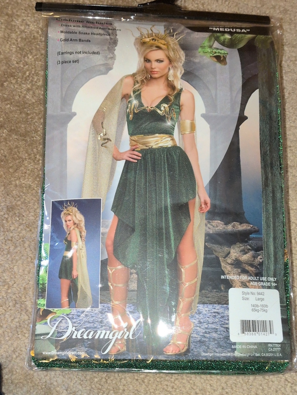 Dreamgirl Green and Gold Medusa Goddess Costume Dress